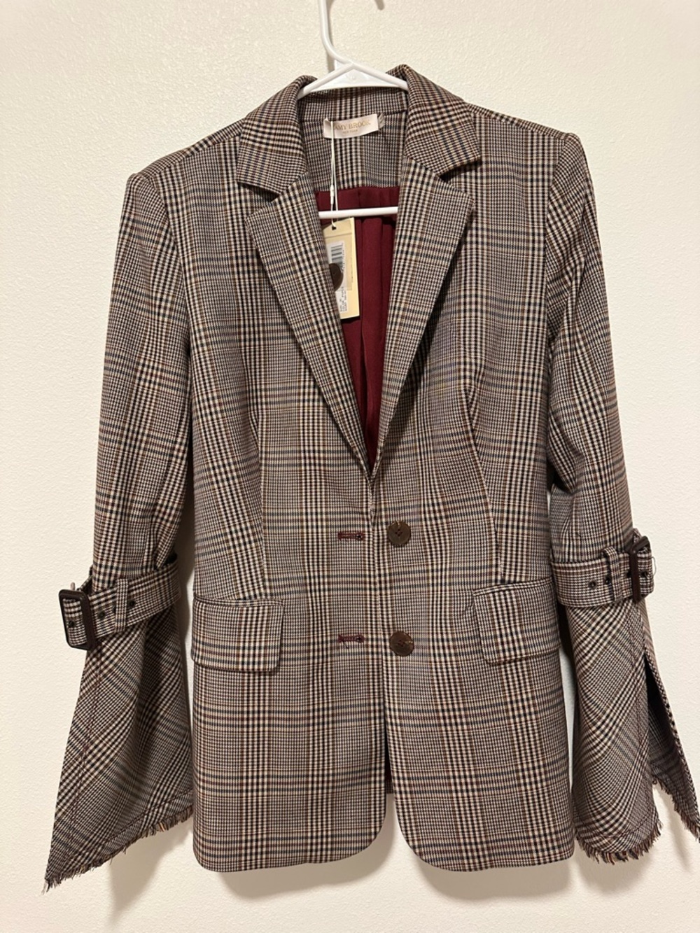 Ramy Brook Brown and Black Glen Plaid Blazer with Buckle Sleeves